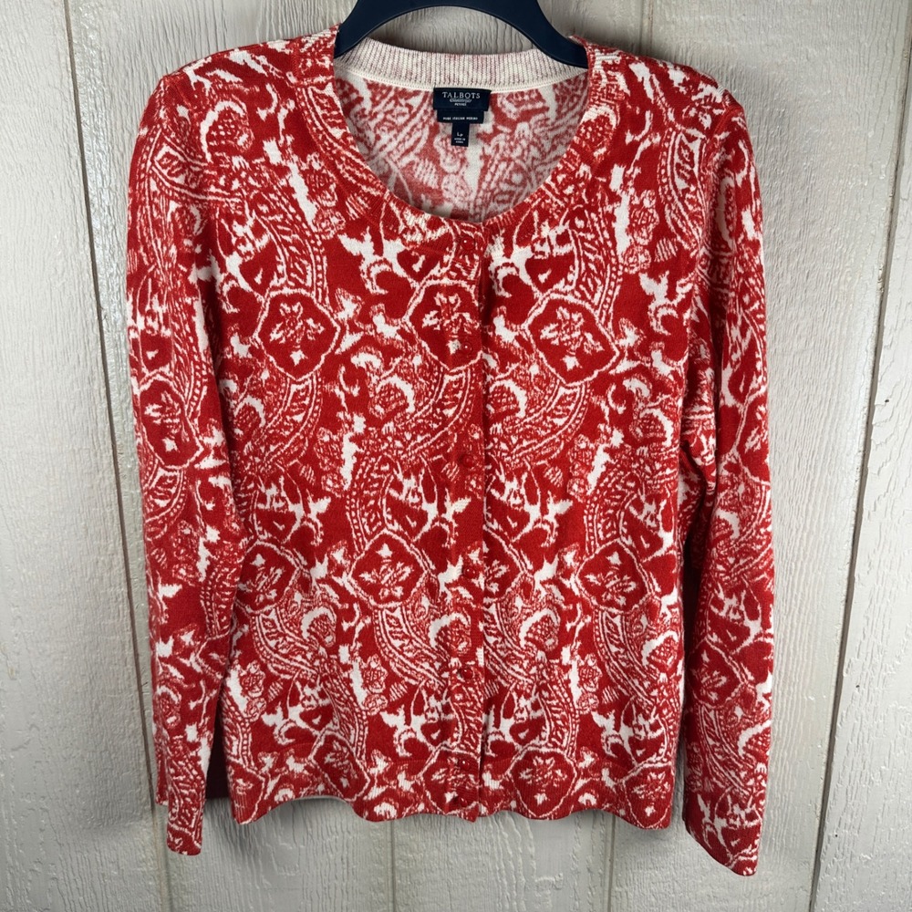 Talbots Cardigan Sweater Womens LP Red Paisley Italian Merino Wool Button Front